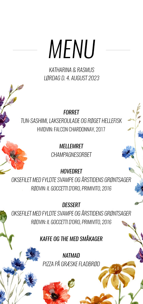 
                Smukkeste blomster menukort i vilde farver. Dette menukort er skønt til jeres sommerbryllup. Brug bagsiden af invitationen til de mere praktiske oplysninger. Til designet kommer også matchende elementer i form af velkomstskilt, salmehæfte, bordoversigt, menukort, bordkort, drinkskort, takkekort mm. således I kan skabe en rød tråd for dagen.                